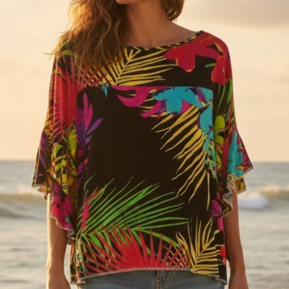 Cha Cha Vente - Tropical Floral Blouse, 3/4 Bell Sleeve, Size Medium,